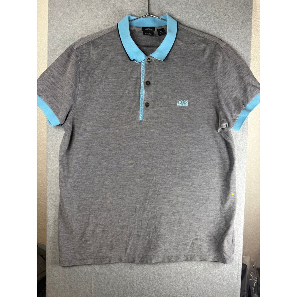 Hugo Boss Slim Fit Pima Cotton Polo Shirt Grey Blue Men Size Medium